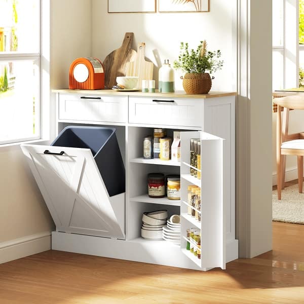 slide 2 of 9, HOMCOM Tilt Out Trash Can Cabinet, Farmhouse Kitchen Cabinet with Hidden Trash Can and 2 Drawers for Laundry Room, Pantry White