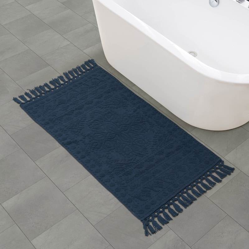 French Connection Nellore Fringe Cotton Bath Rug - 26x49 - Navy