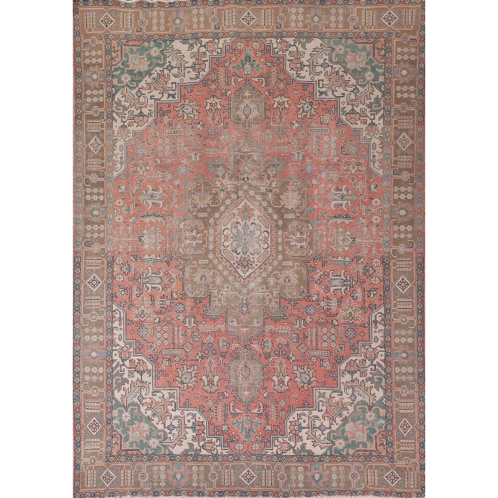 Geometric Pink Tabriz Persian Vintage Area Rug Handmade Wool Carpet - 9'6"x 12'6"