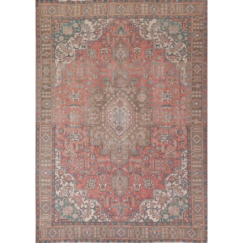 Geometric Pink Tabriz Persian Vintage Area Rug Handmade Wool Carpet - 9'6"x 12'6"