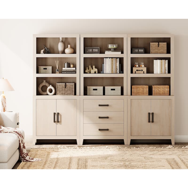 WAMPAT 74" 3-Piece Tall Bookshelf, Farmhouse Bookcase with Doors & Drawers for Living Room & Office