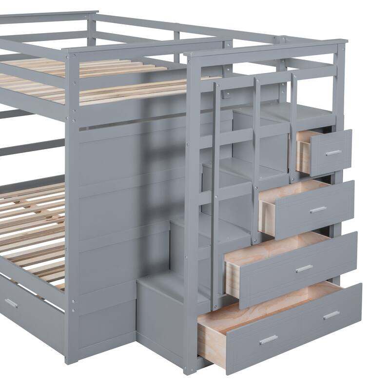 Full Over Full Bunk Bed with Twin Size Trundle and Staircase