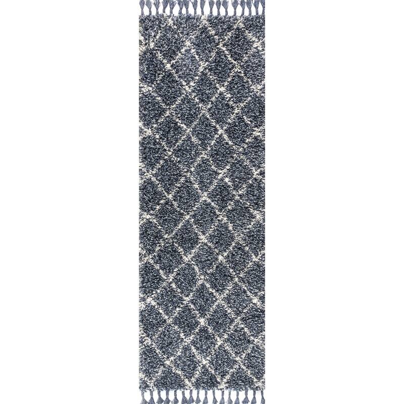JONATHAN Y Modern Shag Plush Tassel Moroccan Geometric Trellis Area Rug - 2 X 8 - Denim Blue/Cream