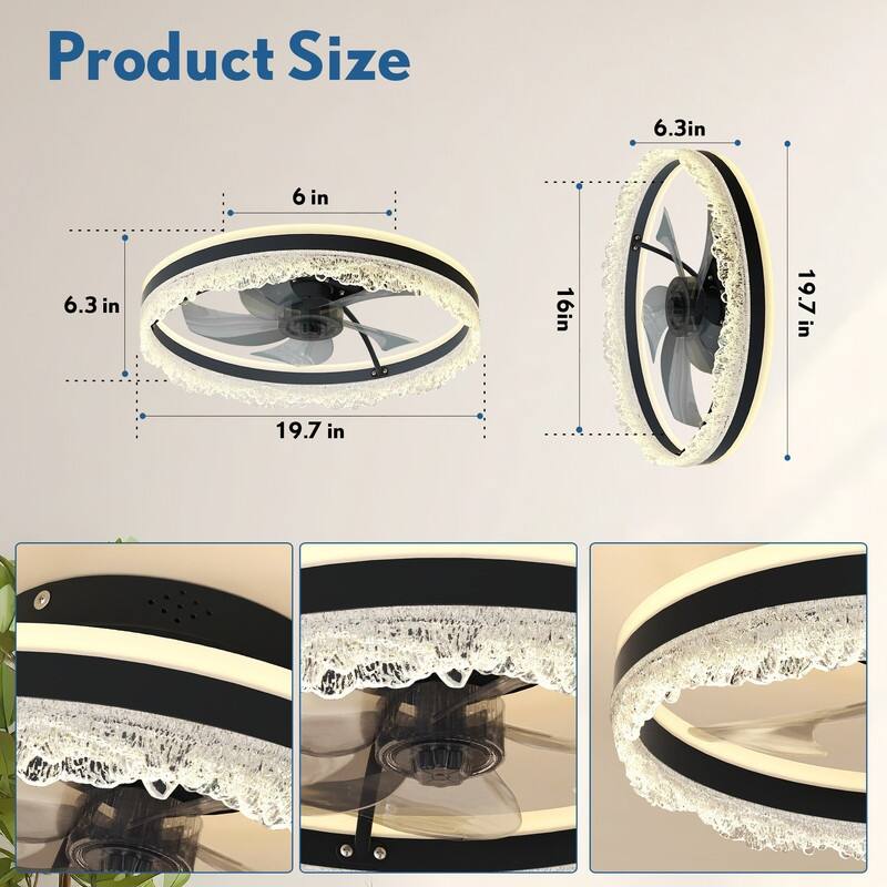 Smart Silent LED Ceiling Fan with Light Crystal Flush Mount, Hidden Blades