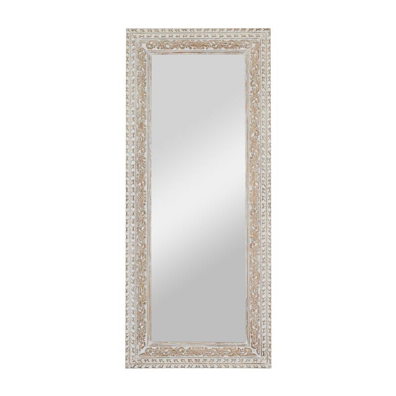 White Mango Wood Vine Scroll Room Wall Mirror with Brown Carved Detail