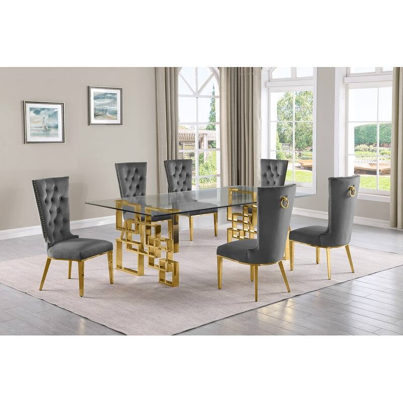 Best Quality Furniture D223/4-SC330-7 Dining Set with 95" 15mm Glass - 7-Piece - Dark Grey / Gold