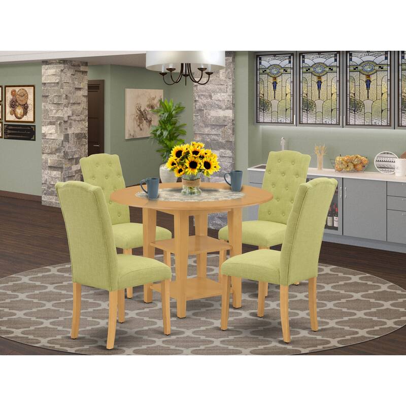 East West Furniture Kitchen Table Set- a Round Dining Room Table and Linen Fabric Chairs, (Pieces & Finish Options)