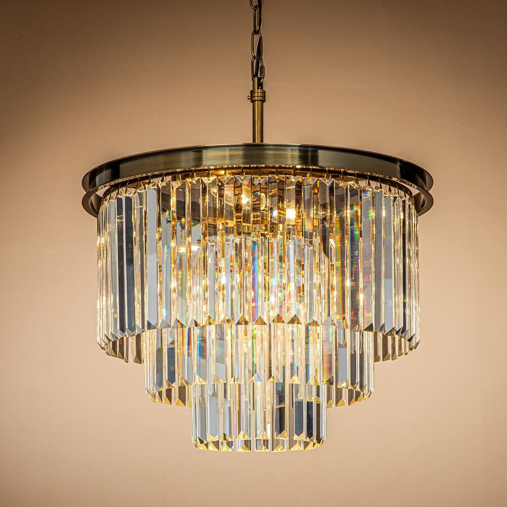 6-Lights Mid-Century Modern 3-Tier Round Fringe Crystal Chandelier