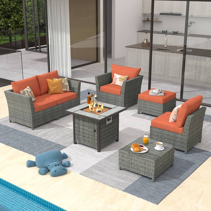 XIZZI 7-piece Patio Furniture Conversation Set with Fire Pit - Red/Orange