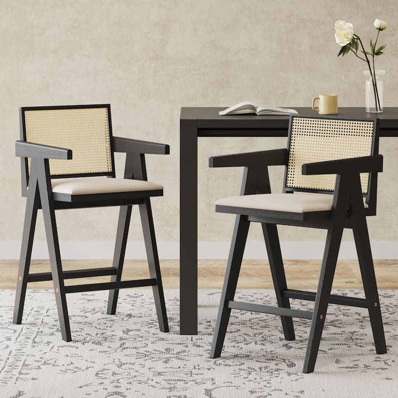 27" Height Woven Cane Plastic Backrest Bar Stool - Foam-Padded Fabric Seat & Durable Rubberwood Frame - Black+Natural