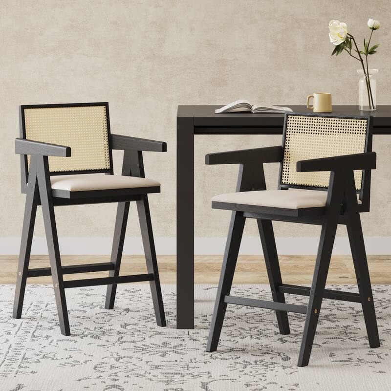 Bar Height Stool Dining Chair with Breathable Cane Back and Cushioned Seat, Woven Counter Stool for Dining Room