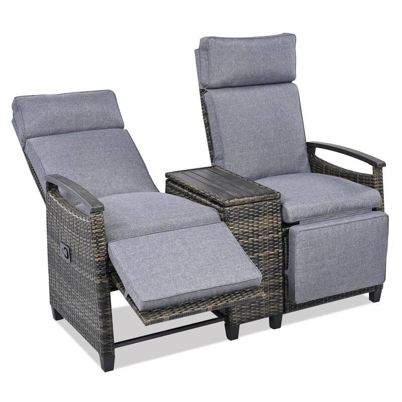 Patio Recliner Loveseat Chair with Adjustable Backrest and Storage Table