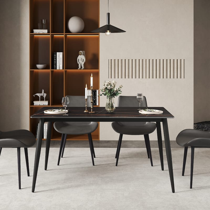 Modern White Marble Dining Table, 55" Rectangular Sintered Stone Kitchen Table for 4 People with Black Metal Legs