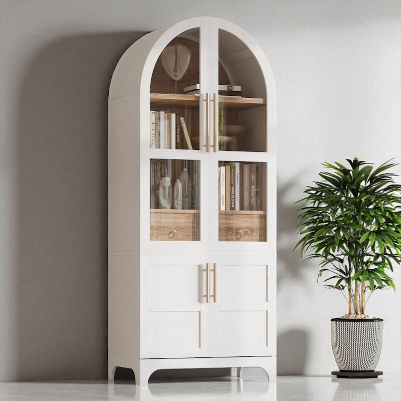 71" Tall Arched Kitchen Pantry Cabinet with Glass Door, Door Shelves, Hidden Drawer & Adjustable Shelves - White
