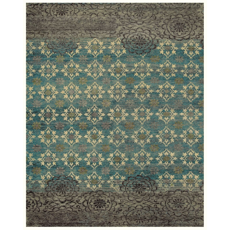 Timeo Hand Knot Oriental Area Rug, Teal Green/Coffee Brown - 5'6" x 8'6" - Teal Green/Golden Yellow/Coffee Brown