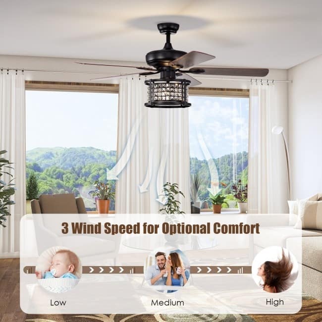 52 Inch 3-Speed Crystal Ceiling Fan Light with Remote Control - 52" D x 21.5" H