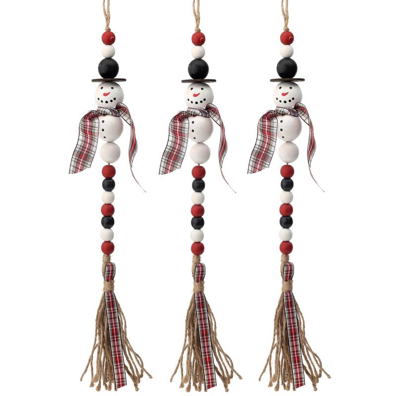 21" Wood Bead Snowman With Plaid Ornament Set of 3