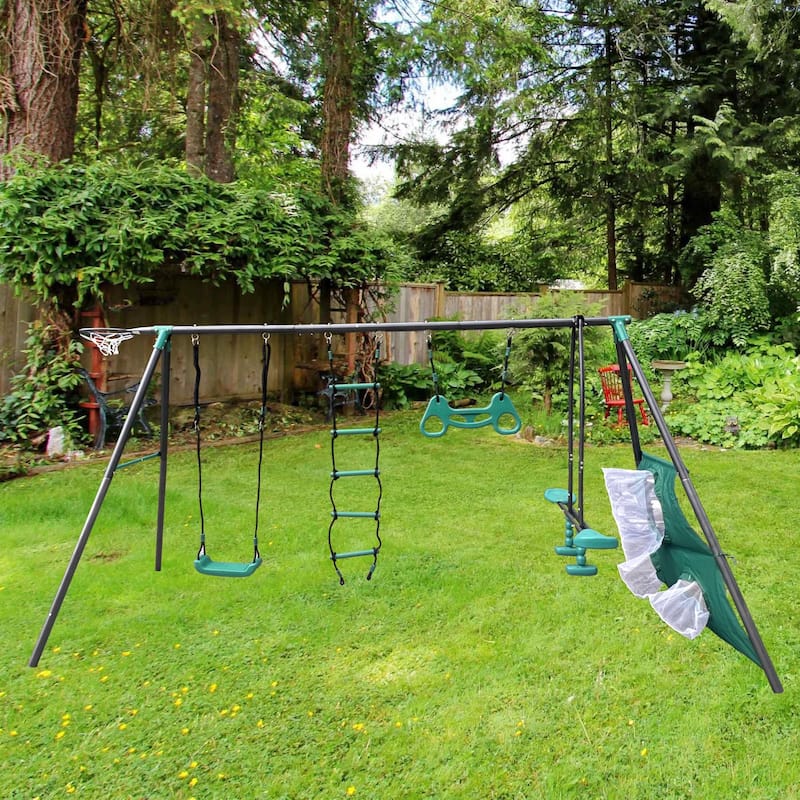 Blackish Green Interesting Four Function Swing Set with Face to Face Metal Plastic Safe Swing Seat for Outdoor Playground