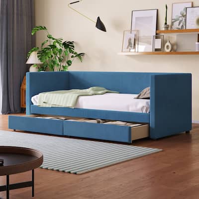 Twin Size Corduroy Daybed with Two Drawers and Wood Slat