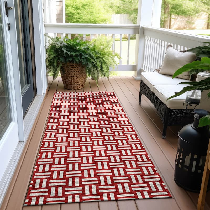 Machine Washable Indoor/ Outdoor Chantille Contempory Crosshatch Rug - Red - 2'3" x 7'6"