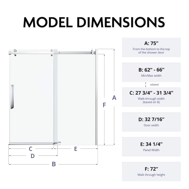 Glassic SI Series 62" - 66" W x 75" H Contemporary Frameless Single Sliding Shower Doors With 3/8" Clear Tempered Glass