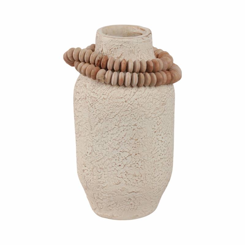 Pottery Mango Wood Vase Textured Surface and Removable Beaded Accent