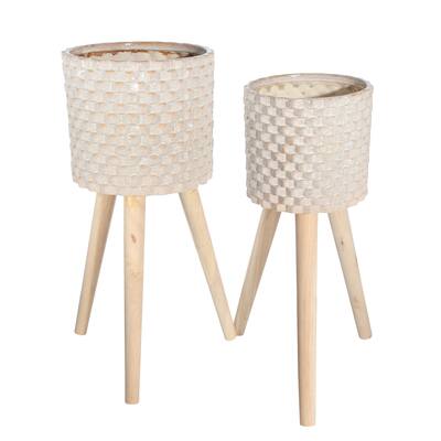 Ivory Ceramic Planters on Pine Wood Stands (Set of 2) - 10.0" x 10.0" x 22.0"