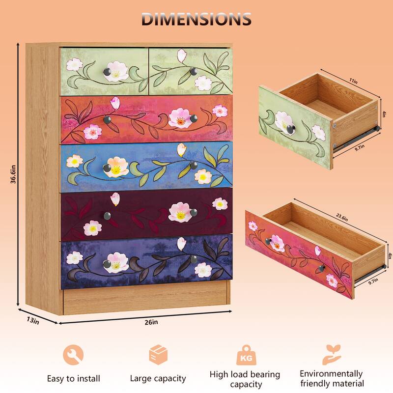 Brown 5-Layer 6-Drawer Printed Pattern Dresser P2 Grade Particle Board Storage for Bedroom, Living Room, or Home Office