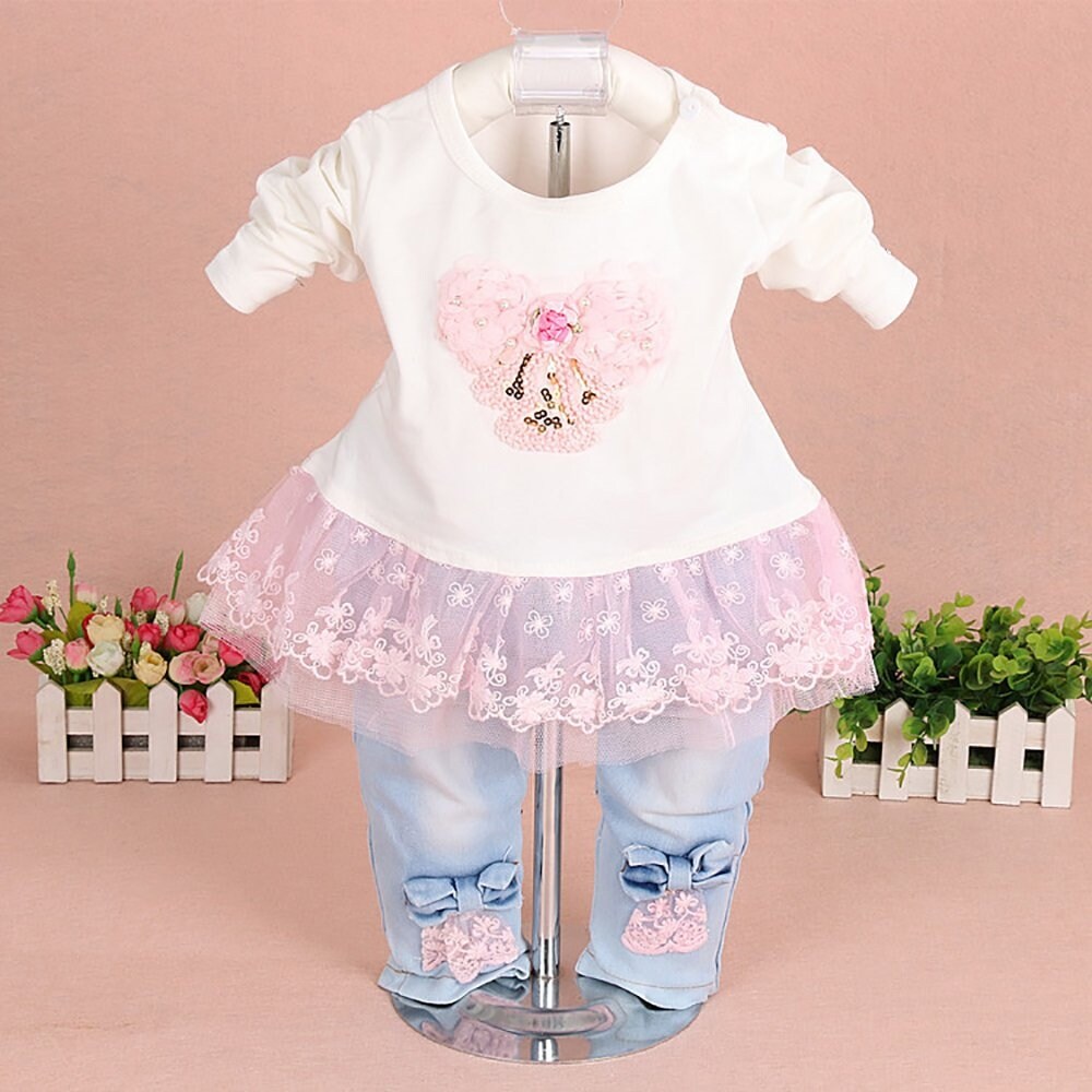 Shop Yao Baby Girls Denim Clothing Sets 3 Pieces Sets T Shirt