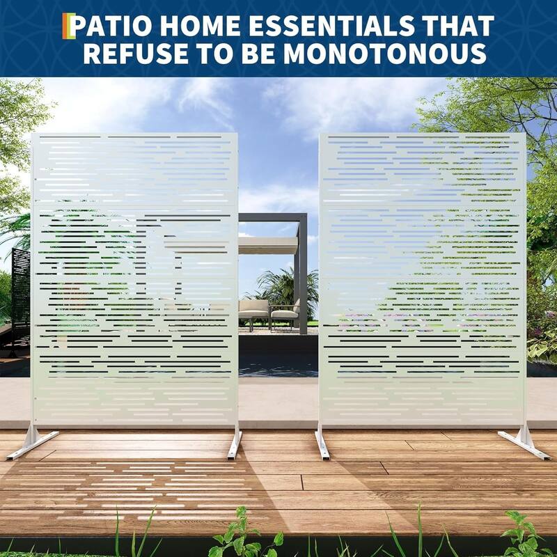 1PCS 72 in H x 46 in W Metal Privacy Screen Panel Freestanding Outdoor Divider with Stand Stripe02-Brown