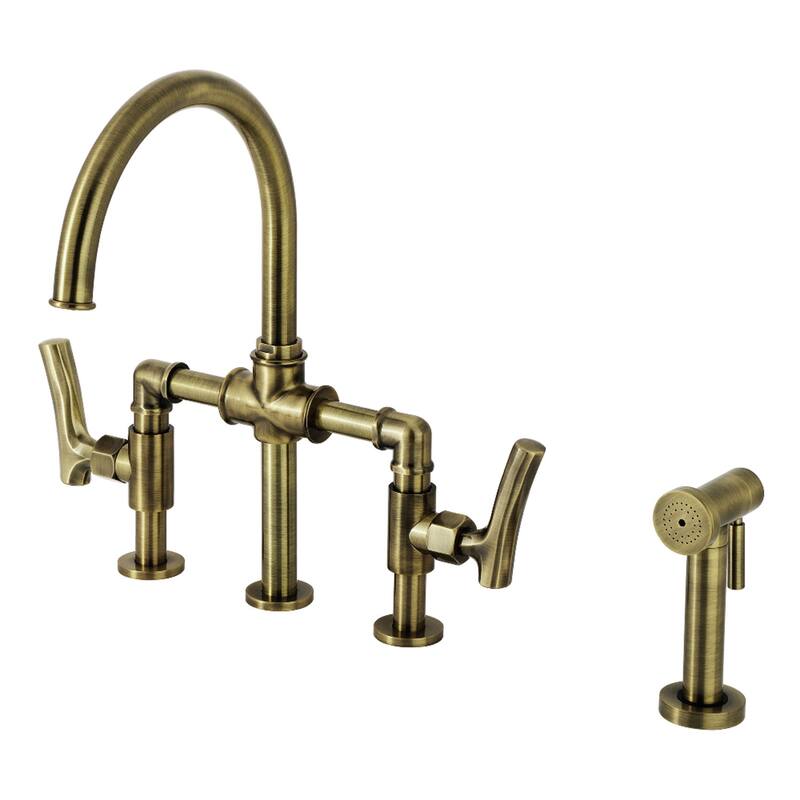 Kingston Brass Hallerbos Two-Handle 4-Hole Deck Mount Bridge Kitchen Faucet with Brass Side Sprayer - Antique Brass