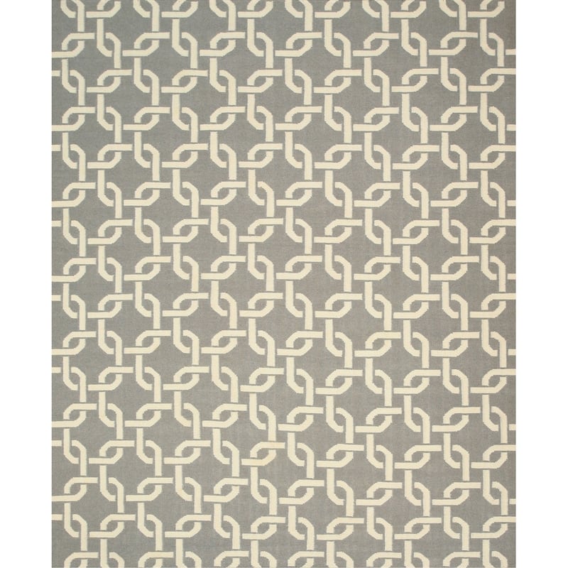 Handwoven Wool Gray Transitional Geometric Links Dhurrie Rug - 7'9" x 9'9"