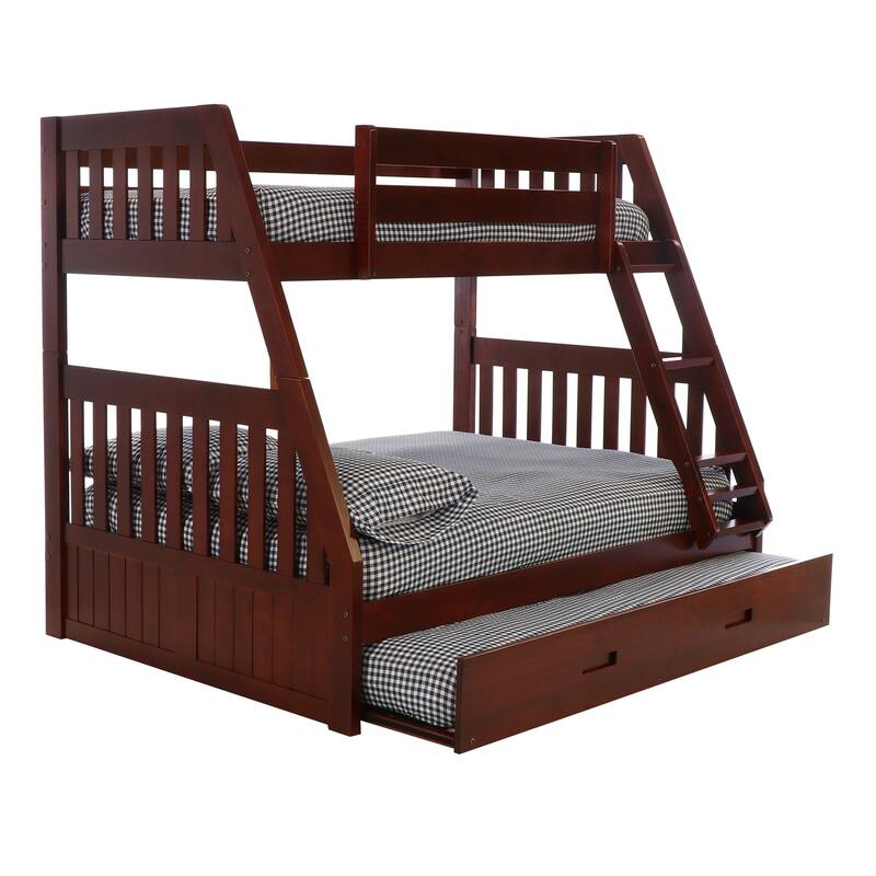 Twin Over Full Bunk Bed with Trundle - Solid Pine Wood, Merlot Finish, Space Saving Design