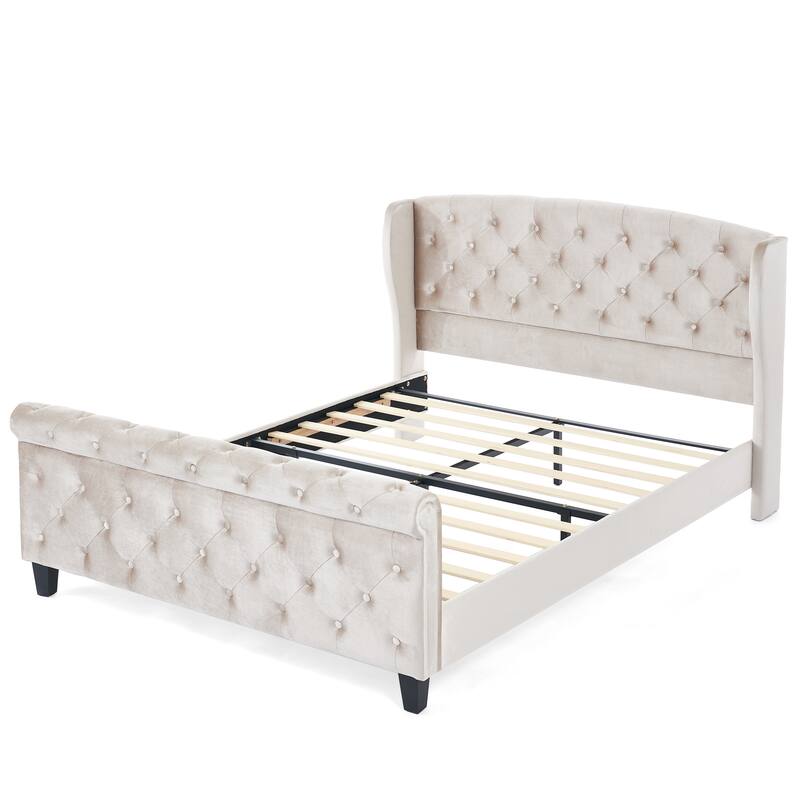 Christopher Knight Home - Amara Traditional Velvet Upholstered Sleigh Bed with Wingback Headboard & Scroll Footboard, Queen Size