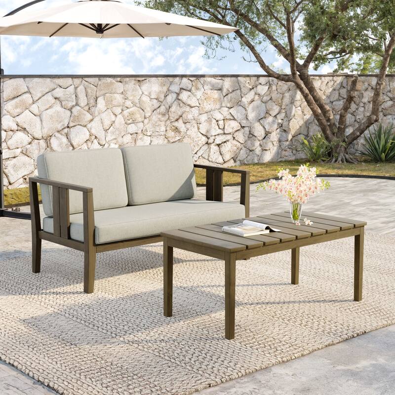 Teak Wood Water Resistant Outdoor Loveseat and Coffee Table Set (Set of 2)