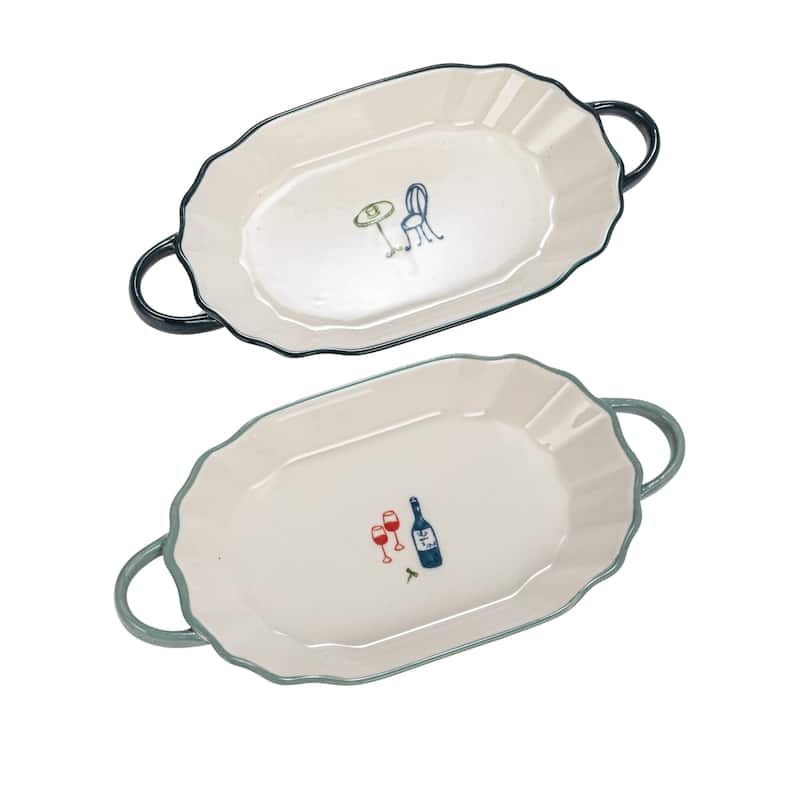 Stoneware Plate with Image in Two Styles - 9.6"L x 4.8"W x 1.3"H