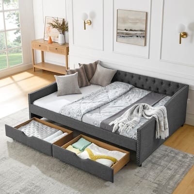 Queen Daybed with Drawers,Linen Upholstered Bed with Button on Back and Copper Nail