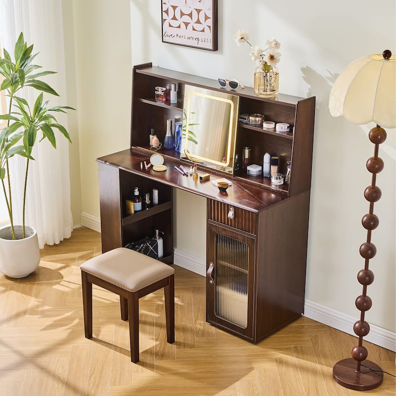 Elegant makeup vanity desk with 3 modes Adjustable Lighted Mirror,modern dressing table set with large shelves