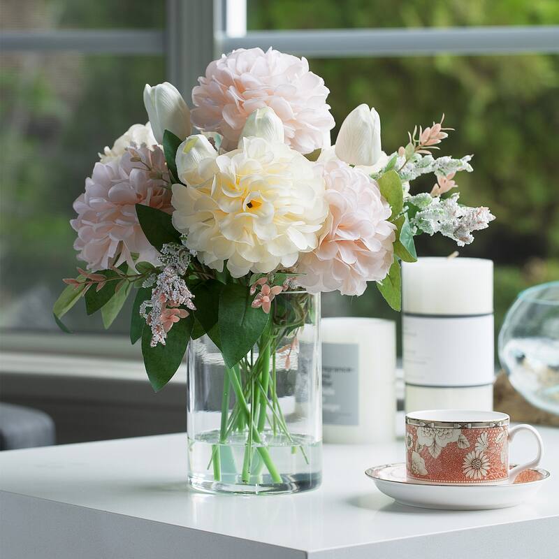 Enova Home Mixed Real Touch Tulip and Dahlia Artificial Flowers Arrangement in Clear Cylinder Glass Vase for Home Decór - Beige Cream
