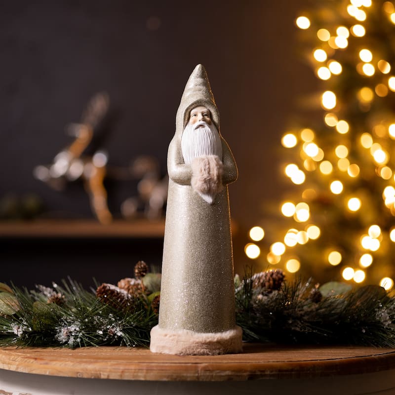 Set of 2 Santa Statues Terra Cotta Holiday Decor for Mantle or Tabletop - 5" x 5" x 17"