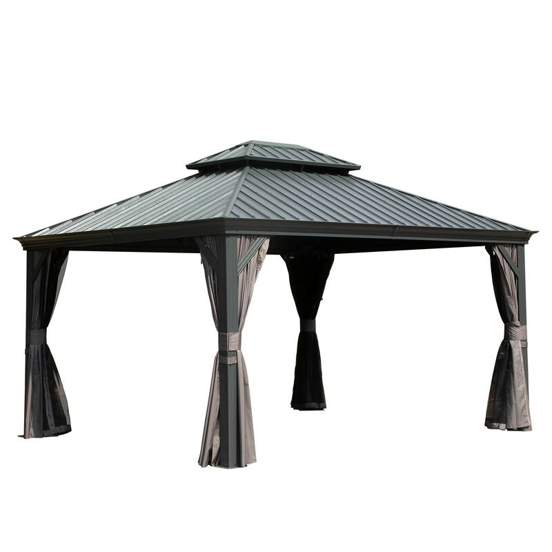 10' X 12' Hardtop Metal Gazebo with Double Roof, Aluminum Frame, Curtains and Netting for Patio, Deck, Garden, Grey