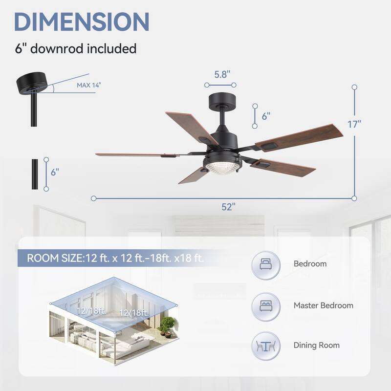 Industrial 52" Reversible 5-Blades Ceiling Fan with Remote and Light