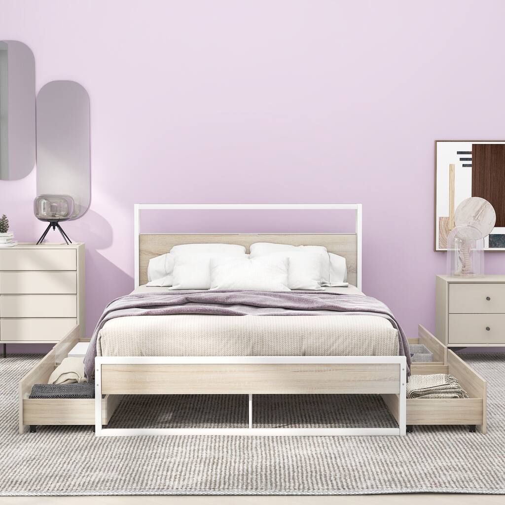 Storage Bed Frame with Sockets & USB Ports, Metal Platform Bed Frame ...