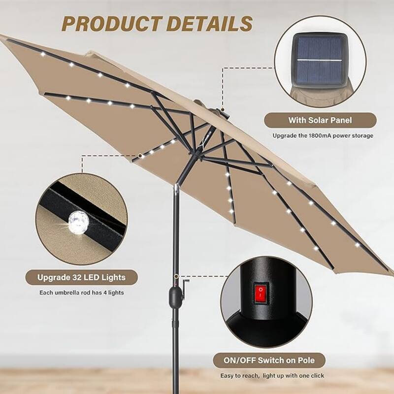 9 ft. Steel Market Outdoor Patio Umbrella with Solar 32 Lighted, Outdoor Umbrella with Push Button Tilt/Crank in Tan