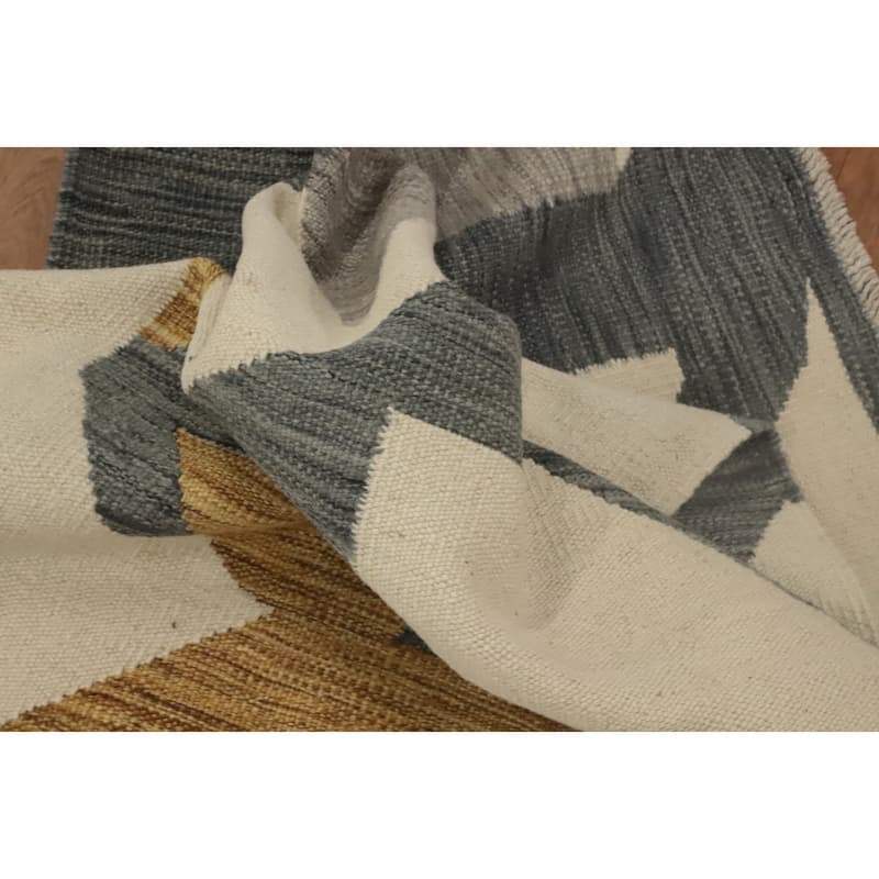 Hand Woven Oriental 100% Wool Carpet Southwestern Modern Beige & Ivories Kilim Runner Rug - 9' 9'' X 2' 8''