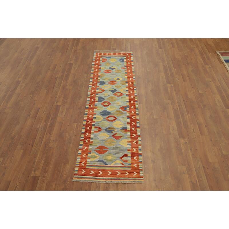 Hand Woven Oriental 100% Wool Carpet Southwestern Tribal Navy Blue & Blues Kilim Runner Rug - 8' 0'' X 2' 2''