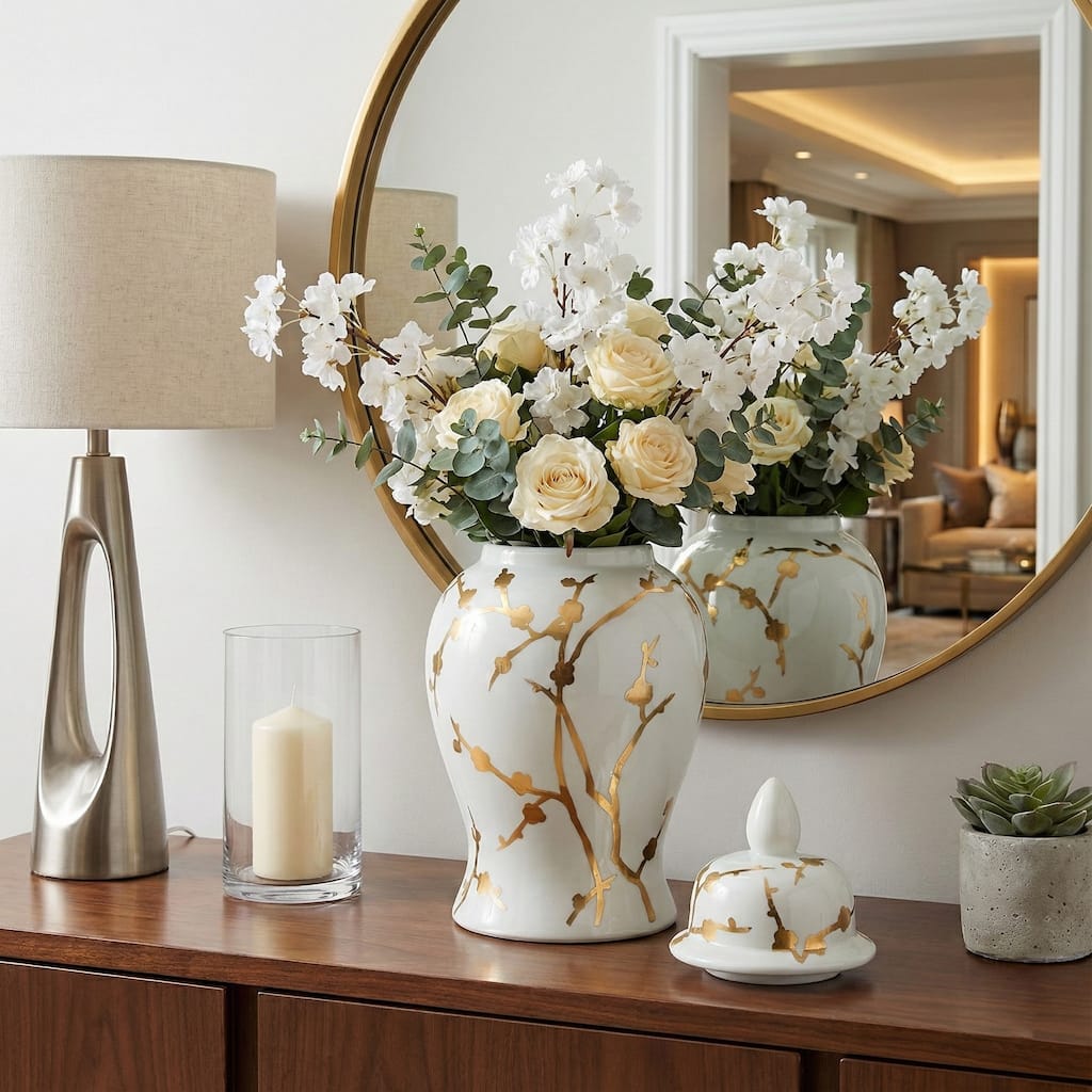 Ceramic Gold Cherry Temple Decorative Vase - White, 14"