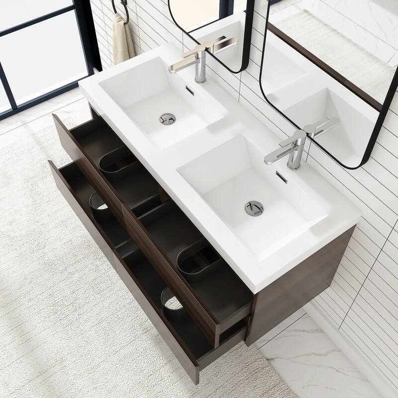 MDF Wall-Mounted Bathroom Vanity Set in Grey Oak with Integrated Culture Marble Sink