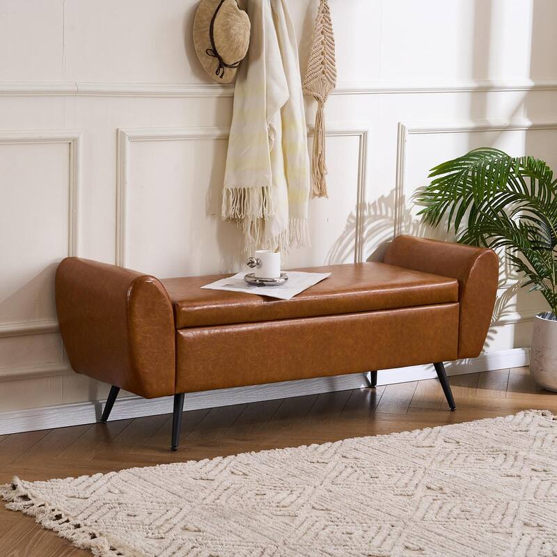Upholstered 56"W Flip Top Storage Bench with arms