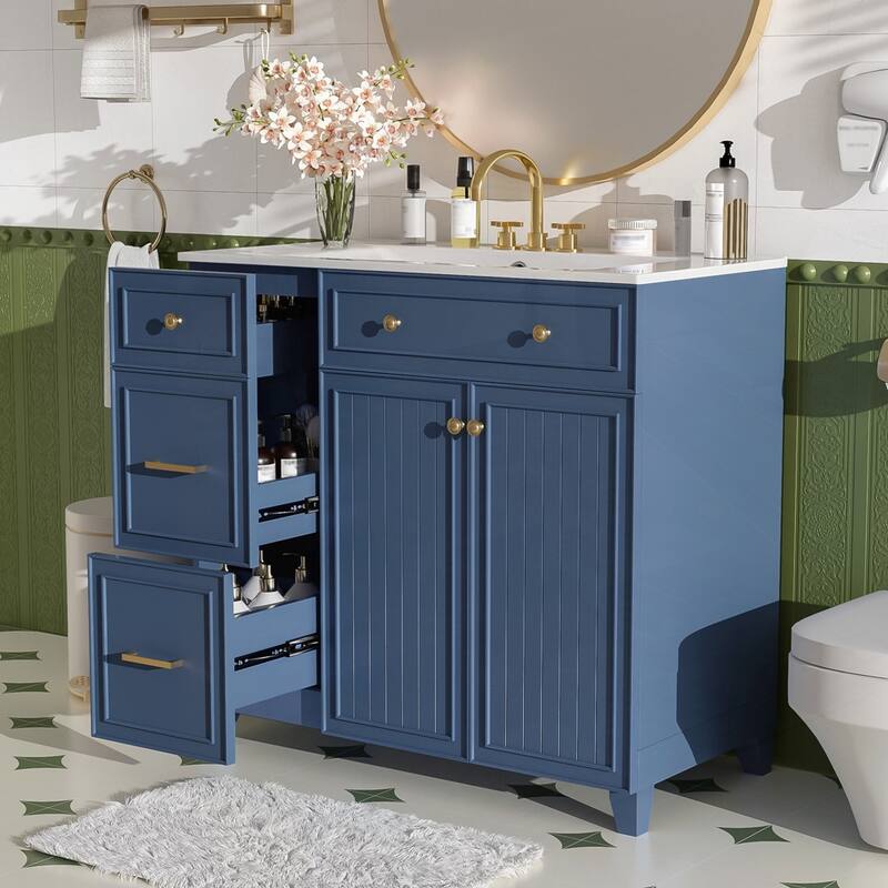 Bathroom Vanity with Ceramic Sink and Adjustable Shelves - Blue